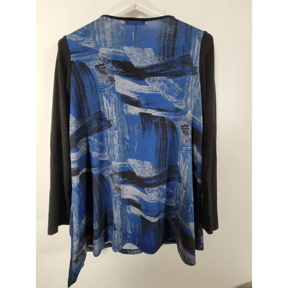 Comfy USA Womens Medium Long Sleeve Abstract Tunic Top Black Blue Asymmetric - Picture 2 of 7